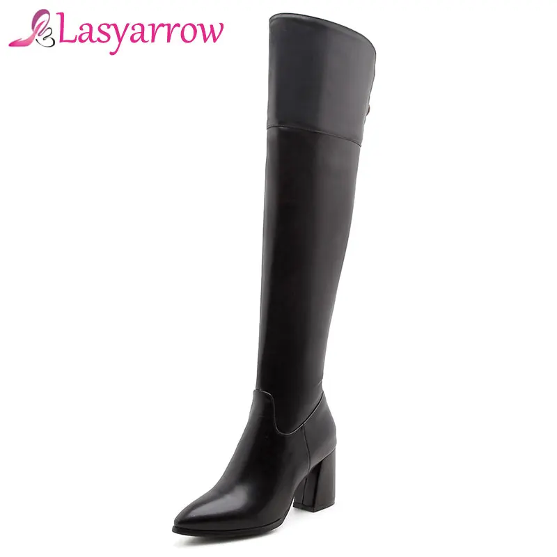 

Lasyarrow Zipper Botas Femininos Chunky High Heels Knight Boots Black White Thigh High Long Motorcycle Boots Pointed Toe Shoes