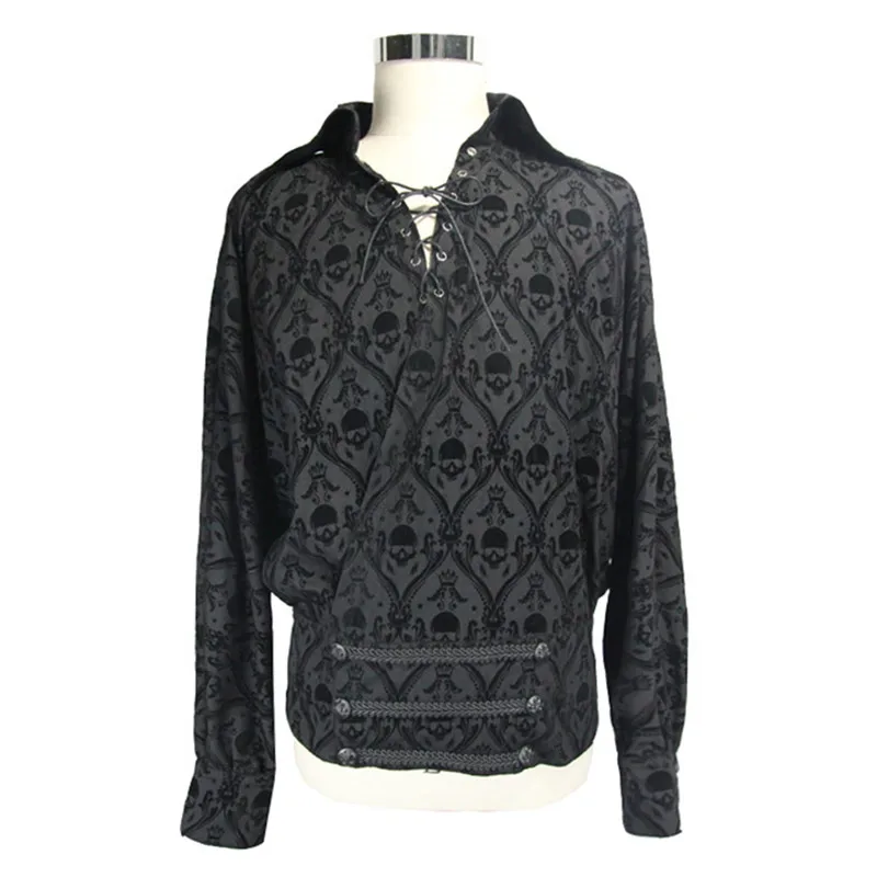 

Steampunk Men's Loose Skull Print Lapel Shirt Hem Contraction Design Dark Retro Style Casual Soft Good Elastic Shirt Top