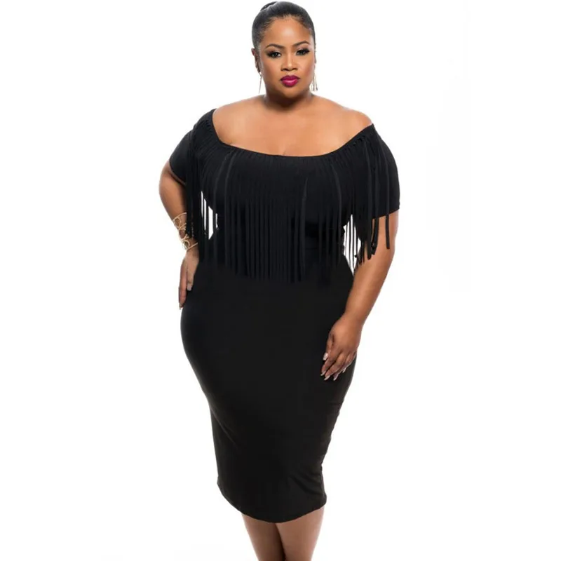Розовый Черный Коротким Рукавом Fringe Топ Плюс Размер Платья Новый год Slash Шеи