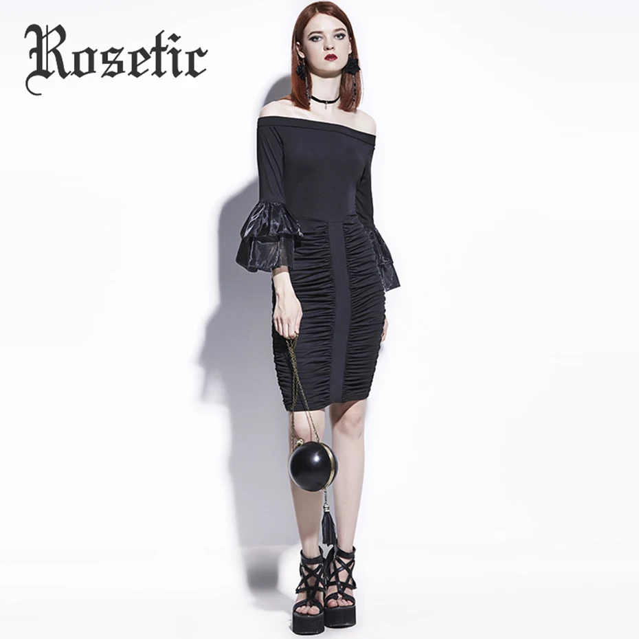 Rosetic, облегающее платье, черная сетка, пэчворк, с рукавом-бабочкой, летнее, женское, тонкое, с вырезом лодочкой, плиссированное, с открытыми плечами, готическое платье