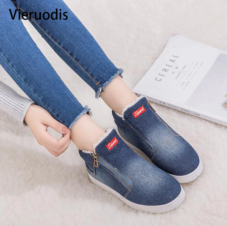 2019 Zapatos De Mujer Для женщин джинсовые зимние сапоги на платформе теплая флисовая