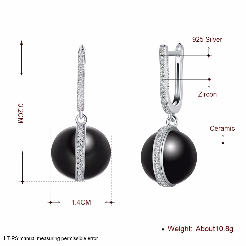 Women's Jewelry Fashion charm Drop Earrings 925 Sterling Silver 14mm White/Black Ceramic Bead Dangle gift box SE020 | Украшения и