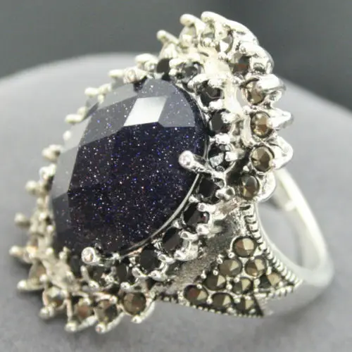 

16*27mm Rare Real Faceted Blue Sandjade Marcasite 925 SILVER RING SIE 7/8/9/10