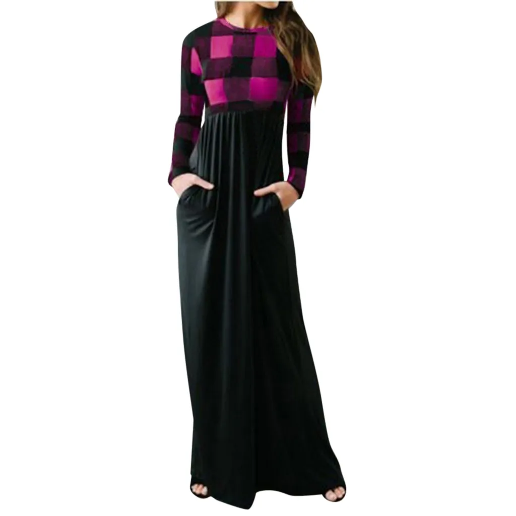 Осенне зимнее повседневное женское платье в клетку длинное стиле бохо с длинными