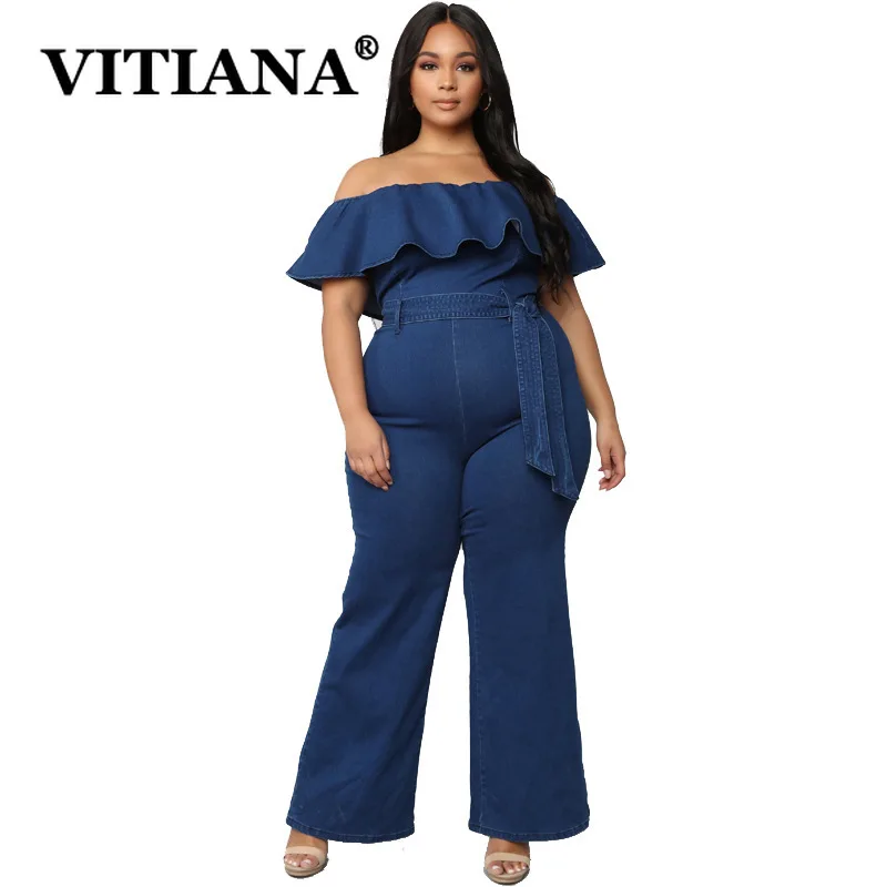VITIANA 2019 Summer Women Elegant Sexy Solid Denim Jumpsuit Pants Plus Size Off Shoulder Female Bodysuit Rave Festival Clothing | Женская