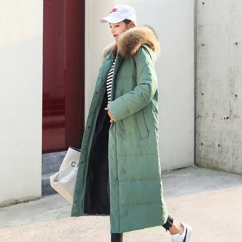 Пуховик женский зимний длинный с капюшоном из натурального меха|Женские