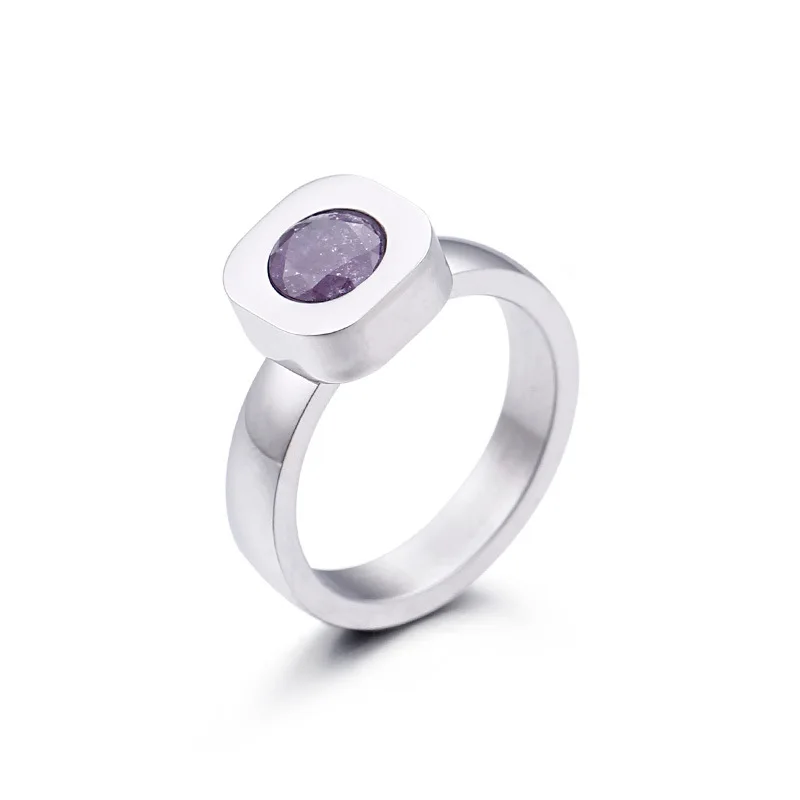Purple (Silver) Новые цветные кольца с камнем для женщин, размер 6-9, нержавеющая сталь, золото/серебро, кольца на палец для девушек, обручальные кольца, подарок - Цвет основного камня: Purple (Silver)