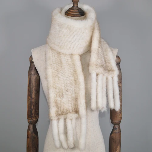New Long Style Women Real Mink Fur Scarf Genuine Real Mink Fur Ring Scarfs Warm Soft Quality Knitted Real Mink Fur Shawl Scarves - Цвет: sunlight white