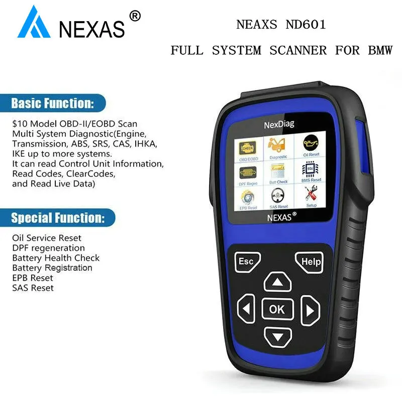 Nexas ND601 OBD2 автомобильный сканер DPF Сброс масла ABS SRS подушка безопасности для BMW PK