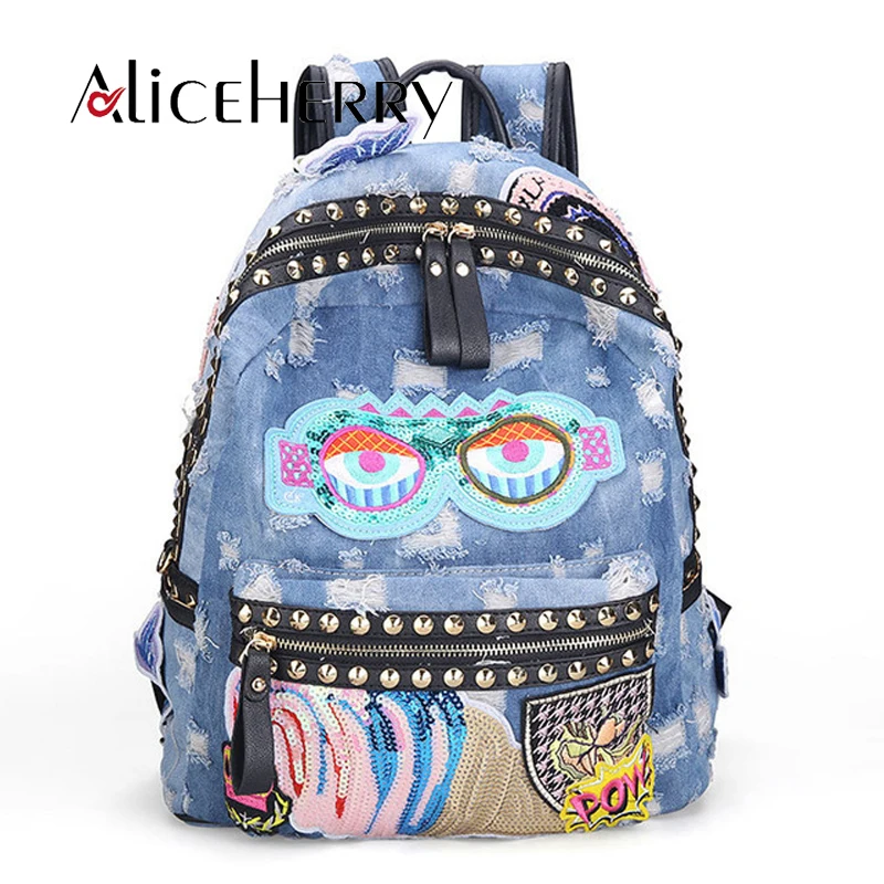 

Rock Style Fashion Women Denim Shoulder Casual Backpack Bags Vintage Demin Blue Bolsa Large Travel Bags