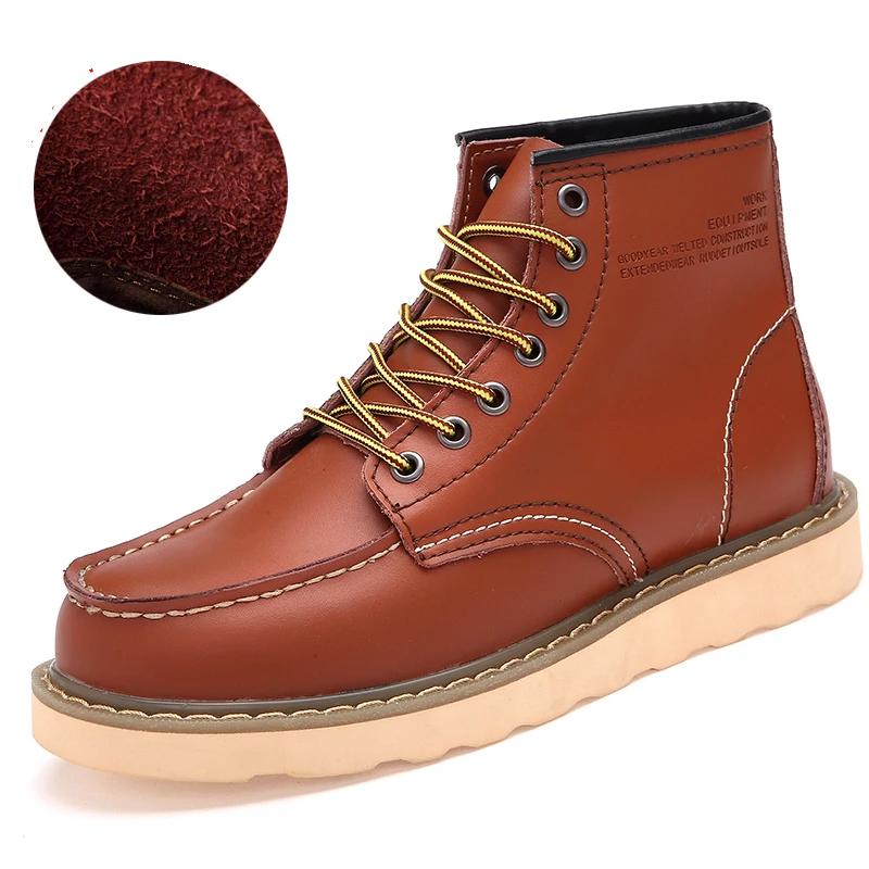khaki Большие Size38-46, мужские зимние ботинки с высоким берцем, кожаные меховые, сохраняющие тепло, на плоской резиновой подошве, прочные, на шнуровке, водонепроницаемые, 3 цвета, Новинка - Цвет: khaki