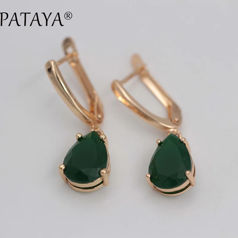 green PATAYA RU,, зеленые серьги в форме капель воды, натуральный циркон, 585, розовое золото, длинные серьги для женщин, романтические вечерние ювелирные изделия, разные цвета - Окраска металла: green