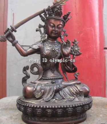 

12" Chinese Red Bronze Copper Buddhism MANJUSRI Buddha Bodhisattva Statues