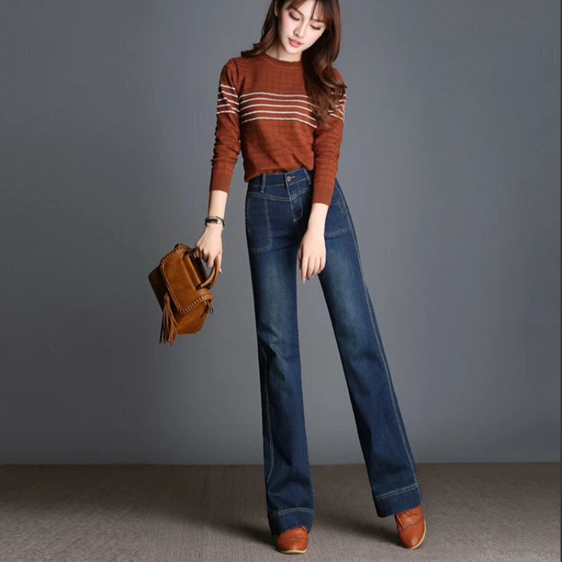 

Новый сезон весна-лето офисные женские туфли размера плюс стрейч джинсы с высокой талией, широкие брюки Джинсовые брюки для высоких женские...