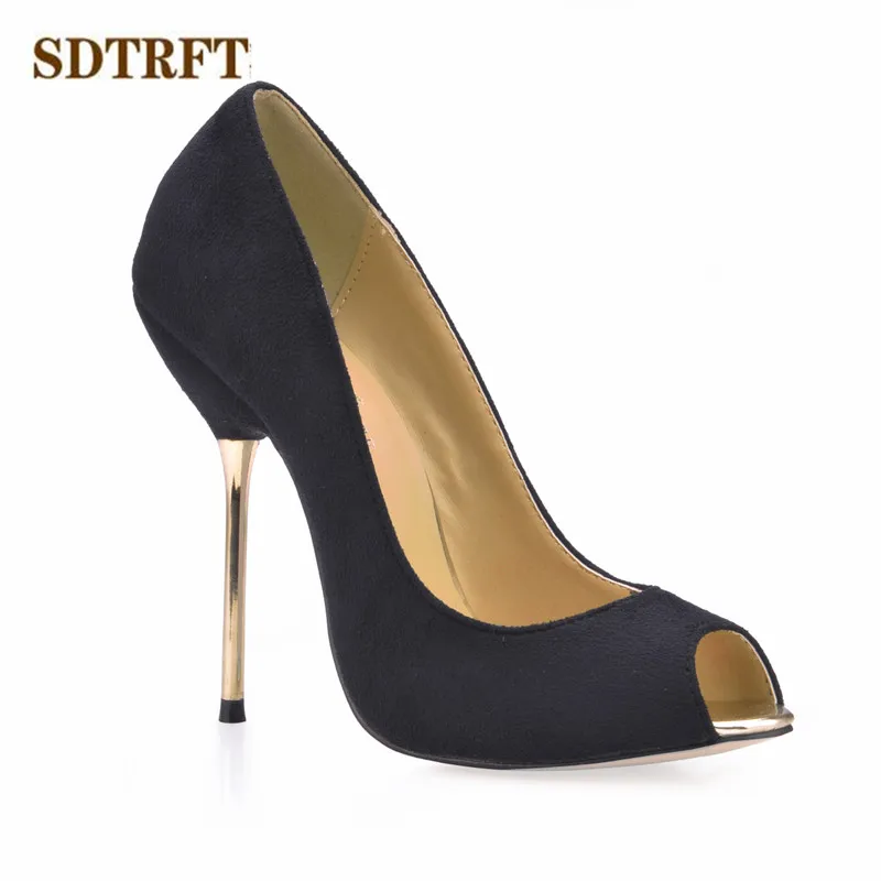 

SDTRFT Summer Stilettos zapatos mujer 12cm Thin High Heeled Peep Toe shoes woman sexy Lady Flock Bridal pumps Plus:35-41 42 43
