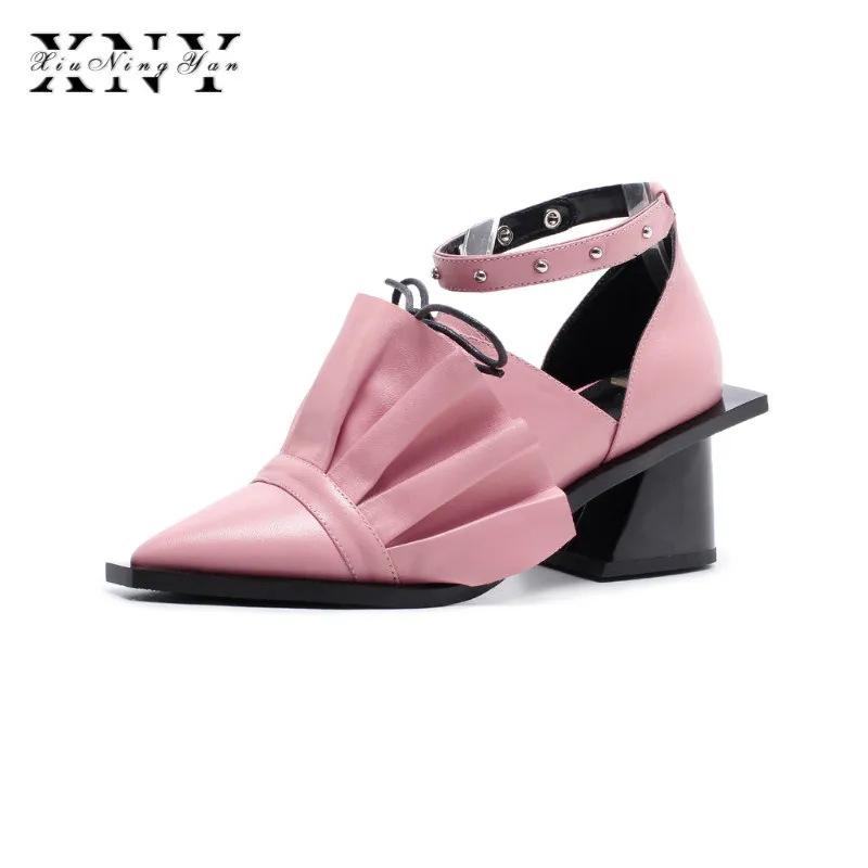

XIUNINGYAN Occident Style Summer Sandals 2019 Women Shoes Pleated Genuine Leather Party Casual Shoes High Heels 5.5cm 8cm Sandal