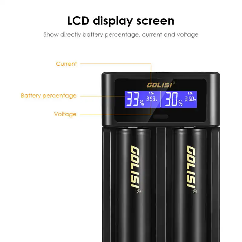 AABB Golisi I2 2.0A Мини Смарт зарядное устройство Быстрая зарядка ЖК дисплей 18650 26650 20700