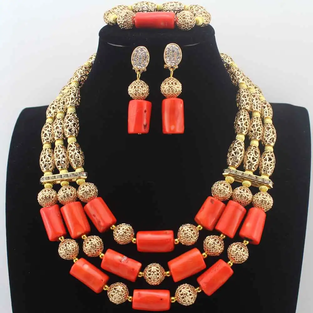 New African Wedding Coral Jewelry Set  Accessories Add Coral Beads Bridal Necklace Jewelry Sets 3Layers Free Shipping HD8594