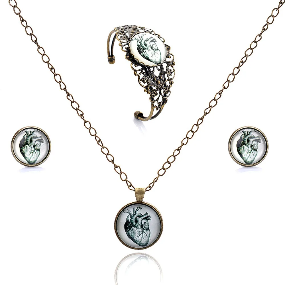

Lureme Time Gem Series Glass Charm Stud Earrings Hollow Flower Cuff Bracelet & Bangle and Pendant Necklace Jewelry Set for Women