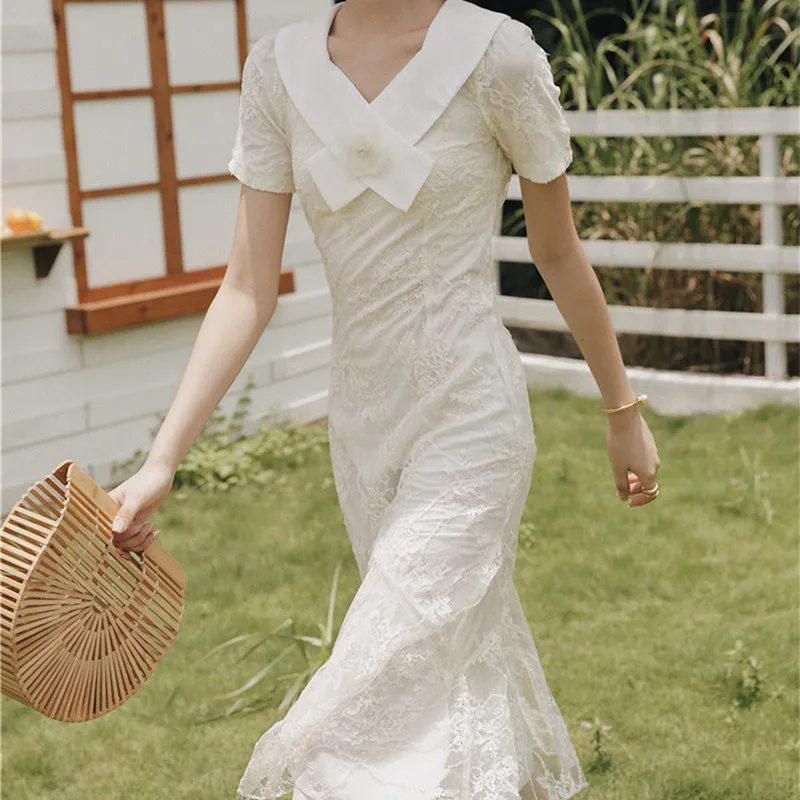 SWEETXUE Vintage Fishtail Dress New Summer Slim Short-Sleeved Three-Dimensional Flower Decoration Fairy Lace Midi Party Dresses | Женская