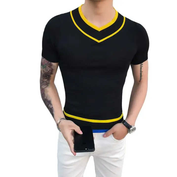 Мужская летняя футболка с коротким рукавом и v-образным вырезом облегающая