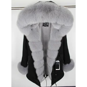 MaoMaoKong Natural Real Fox Fur Jacket Hooded Black Waterproof Woman Winter Warm Coat Parkas Luxury 