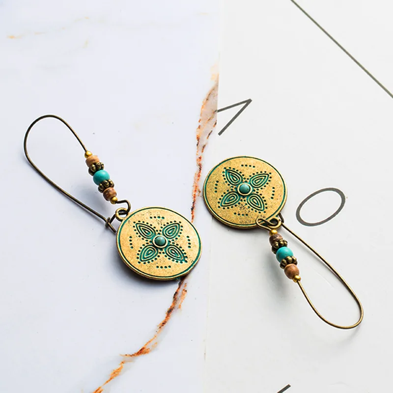 QIANKE Винтаж Большой сплава серьги для Для женщин длинные этнические Boho Бронзовый