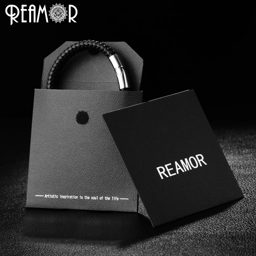 Мужской кожаный браслет REAMOR черный/коричневый из нержавеющей стали ширина 12 мм|men