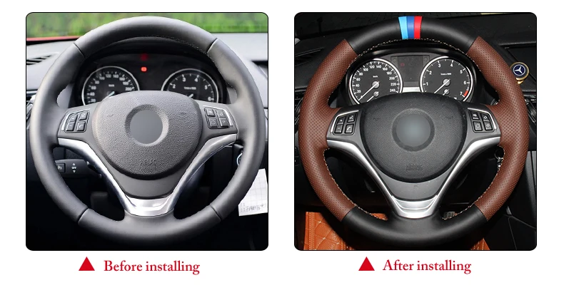 

Hand sewing custom Black Leather Coffee Leather Car Steering Wheel Cover for BMW X1 2014 2015