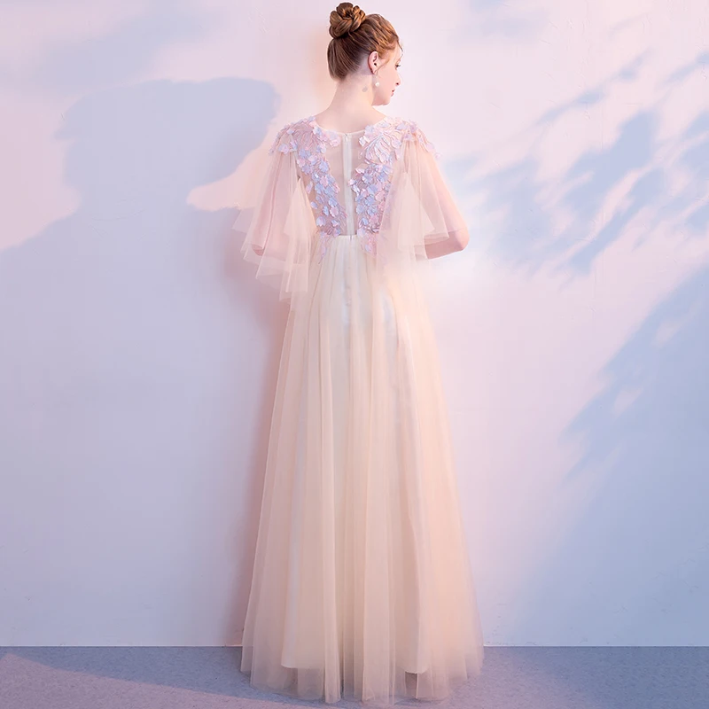 He's Bride Champagne New Elegant Evening Dresses Scoop Half Sleeves Floor-Length Simple Prom Party Gown Robe De Soiree | Свадьбы и