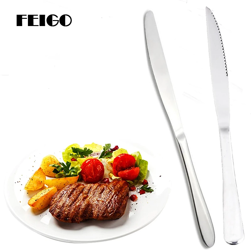 

FEIGO 2Pcs High Quality Stainless Steel Steak Knives Cutlery Steak Knife Set Dinnerware Handle Table Dinner Knife Flatware F81