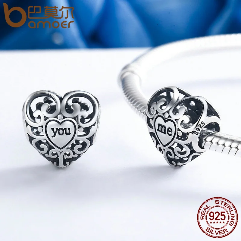 BAMOER, романтические, настоящие, 925 пробы, серебряные, ажурные, ты и я, цветы, листья, бусины, подходят для браслетов и браслетов, сделай сам, ювелирное изделие, подарок SCC145