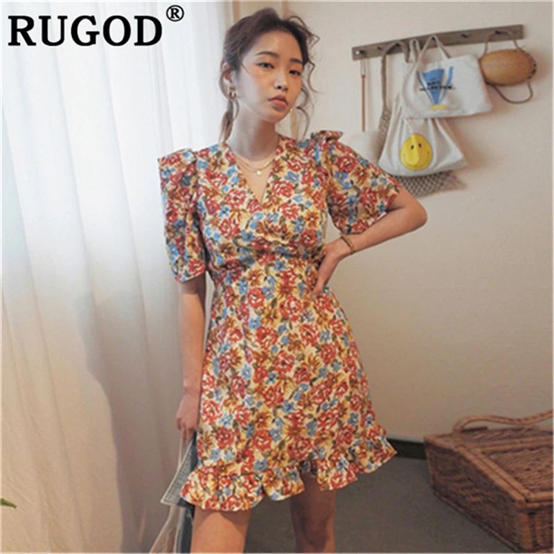Женское платье RUGOD мини с цветочным принтом кружевное коротким рукавом и