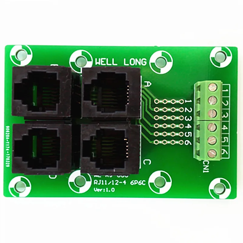 

RJ11/RJ12 6P6C Jack 4-Way Buss Breakout Board, Terminal Block, Connector.