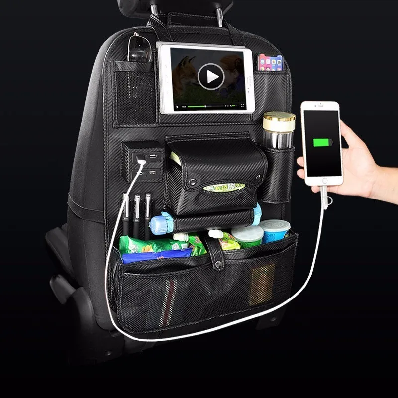carbon fiber OHANEE органайзер для заднего сиденья автомобиля анти kick pad чехол для ipad подстаканник сумка и гнездо для зарядки USB настольная подставка заднее сиденье автомобиля - Название цвета: carbon fiber