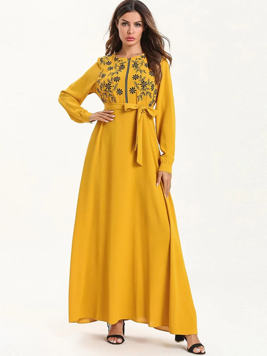 Abaya женская одежда больших размеров 4XL с длинным рукавом желтая молния Бандажное