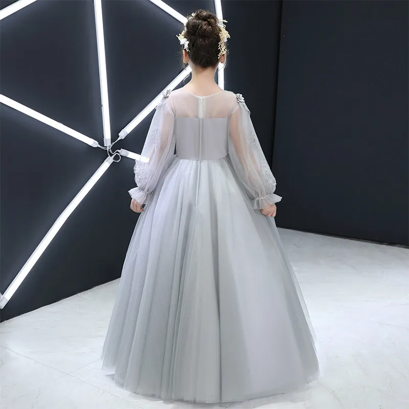

2019Autumn New Luxury Children's Princess Lace Flowers Host Catwalk Costume Prom Dress Little Girl Toddler Gray Color Long Dress