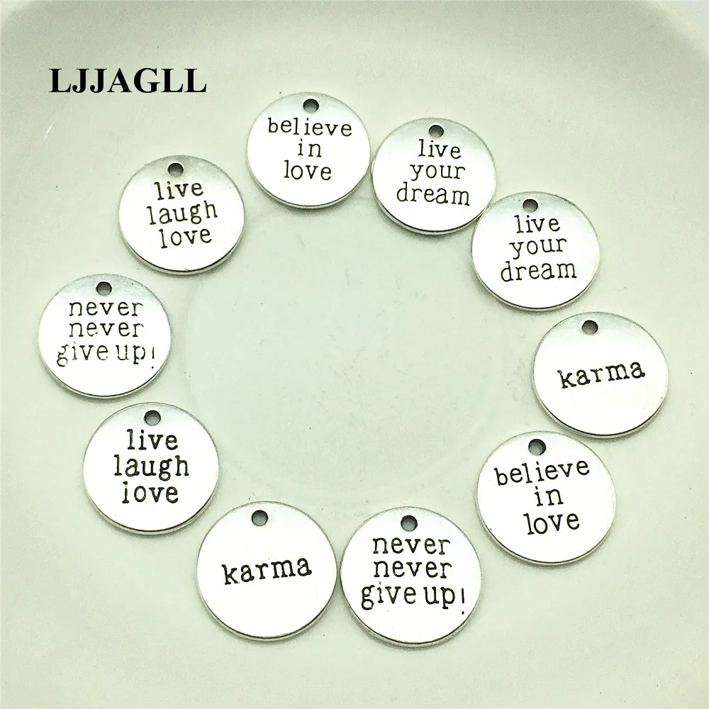 

LJJAGLL 10pcs Metal Alloy Silver 19*19mm Mix 5kinds Letter Charm Love Word Round Plate Pendant Diy Jewelry Make AZP005