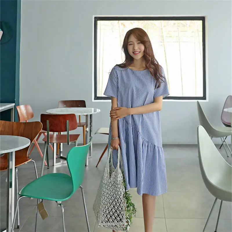 

Женское асимметричное платье до колен, платье из хлопка и льна в полоску с коротким рукавом и длинными коленями, лето 2019