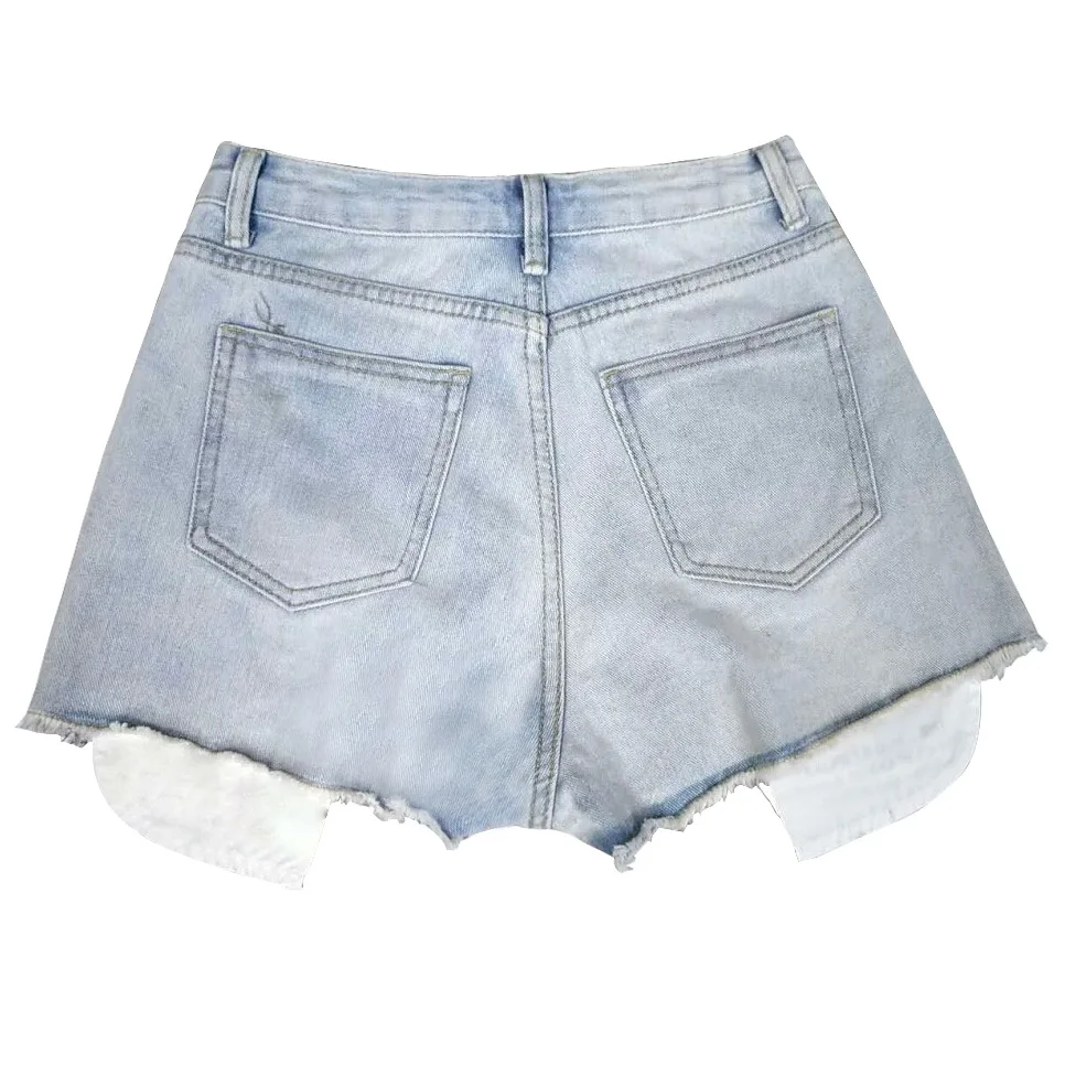 

2019 Summer New Style Korean Version of the Loose Light Blue Letter Pockets Denim Shorts Female Badly Worn Hole Wild Shorts