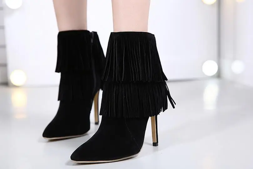 2017 Новых Мужчин Кисточкой Острым Носом Тонкий Высокий Каблук Зима Черный