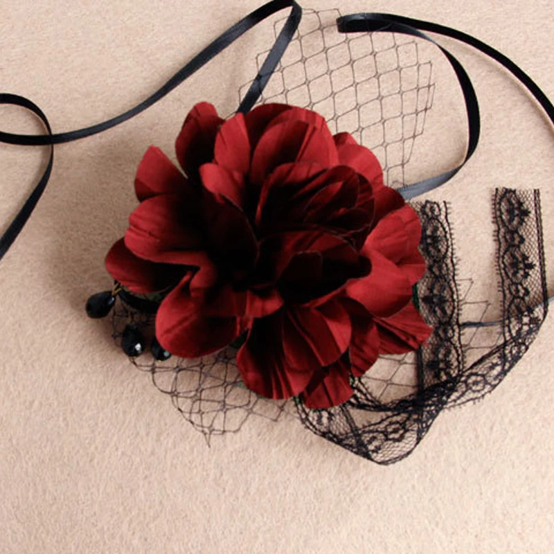 Halloween Black Lace Covered Veil Red Rose Death Headpieces Sexy Ball Half Face Mesh Headband |