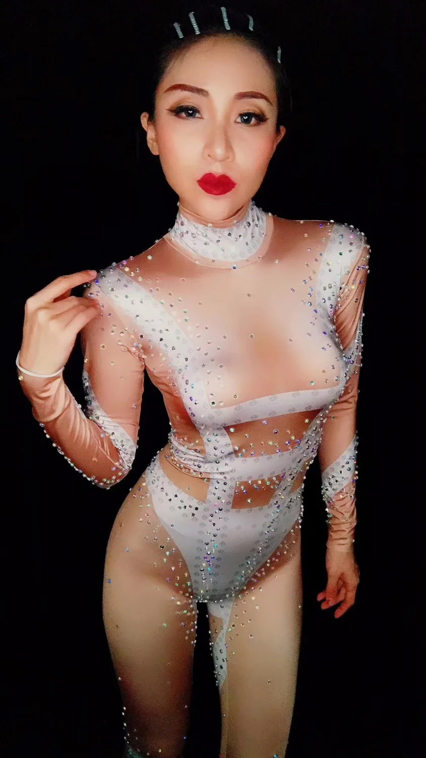

Female Costumes Singer dancer Sexy White Nude Printed Bright Rhinestones Jumpsuit Party Prom performance nightclub Novelty