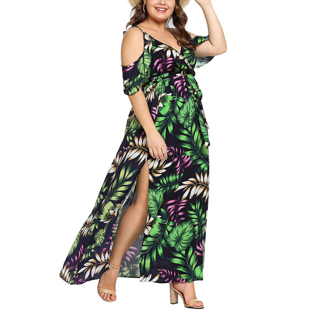 Для женщин плюс Размеры Повседневное богемный Off Shoulder Ruffled объединились платье дамы dressessukdress 2019 Мода