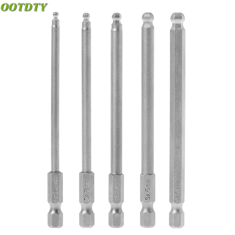 

OOTDTY 5 Pcs 1/4" Hex Shank 100mm Magnetic Ball End Hexagon Screwdriver Bits Drill Set
