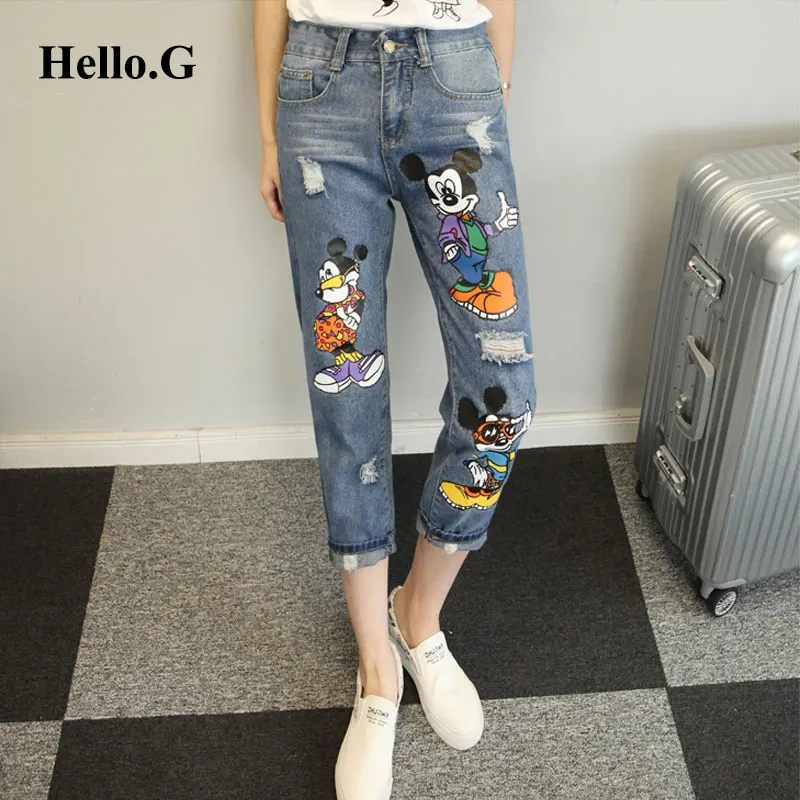 2017 рваные джинсы с мультяшным принтом для девочек Свободные повседневные