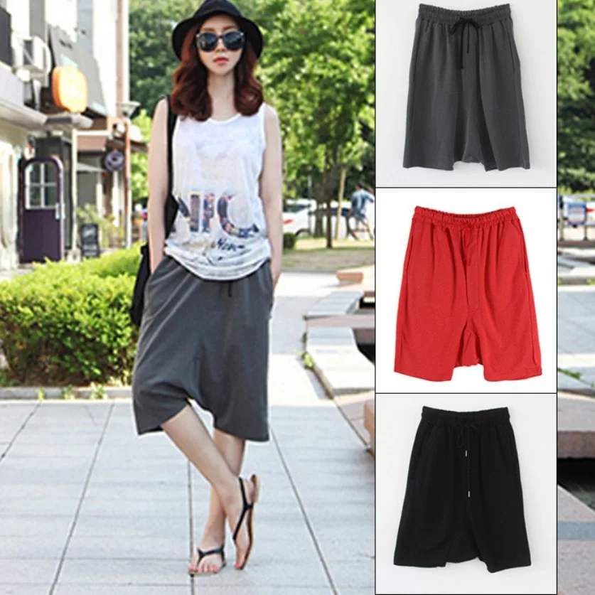 

Summer Women Casual Cotton Harem Knee-Length Pants Loose Drop Crotch Pants S-XL