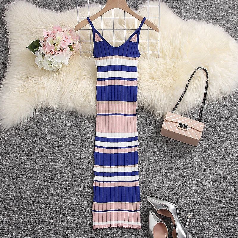 Женское вязаное платье ALPHALMODA Радужное Полосатое облегающее эластичное на