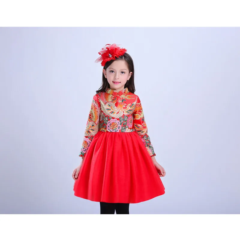 Детская зимняя Обувь для девочек платье с длинным рукавом Cheongsam новогоднее