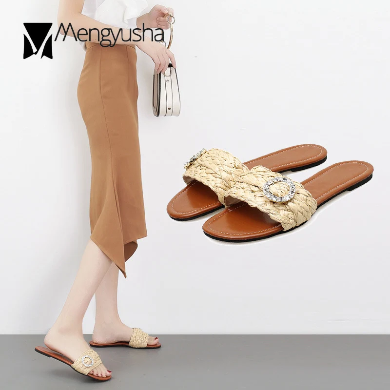 Соломенная вязание римского стиля Тапочки женские сланцы zapatos mujer плоский